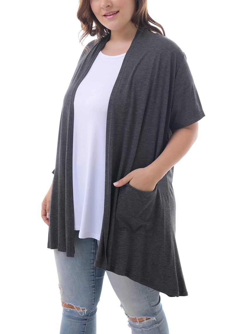 ZERDOCEAN Women's Plus Size Short Sleeve Lightweight Soft Printed Drape Cardigan with Pockets Dark Gray 3X - Image 2